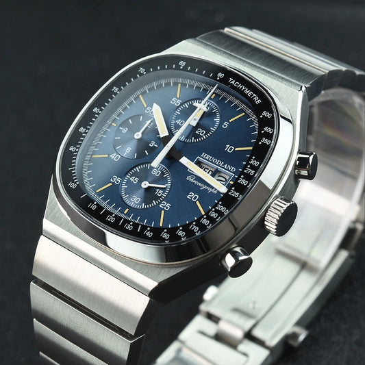Hruodland nouveau F022 rétro Quartz chronographe hommes montres verre saphir bleu noir acier inoxydable mode robe montre-bracelet
