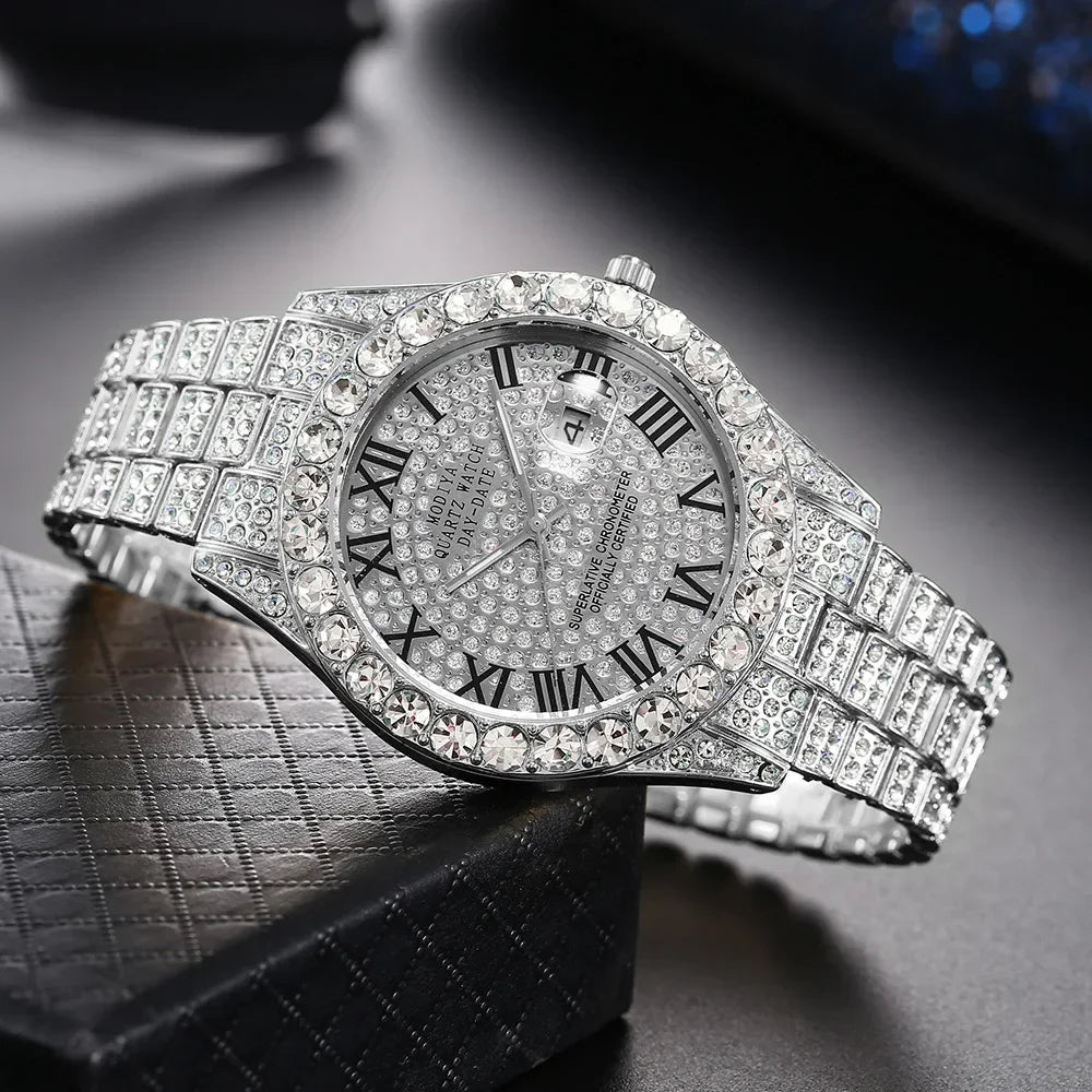 Offre spéciale diamant Bling montre hommes couleur or cadeau de luxe montres à Quartz mâle horloge livraison directe strass calendrier montre-bracelet