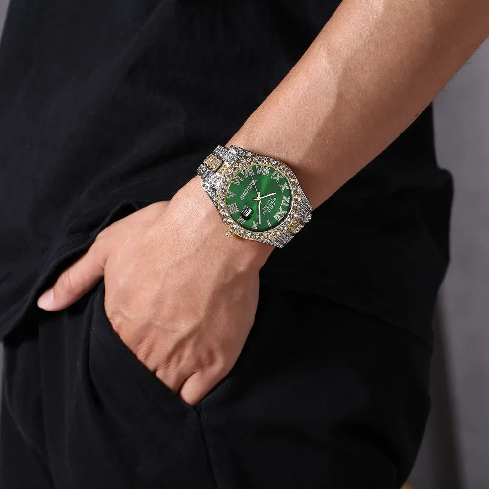 Offre spéciale diamant Bling montre hommes couleur or cadeau de luxe montres à Quartz mâle horloge livraison directe strass calendrier montre-bracelet