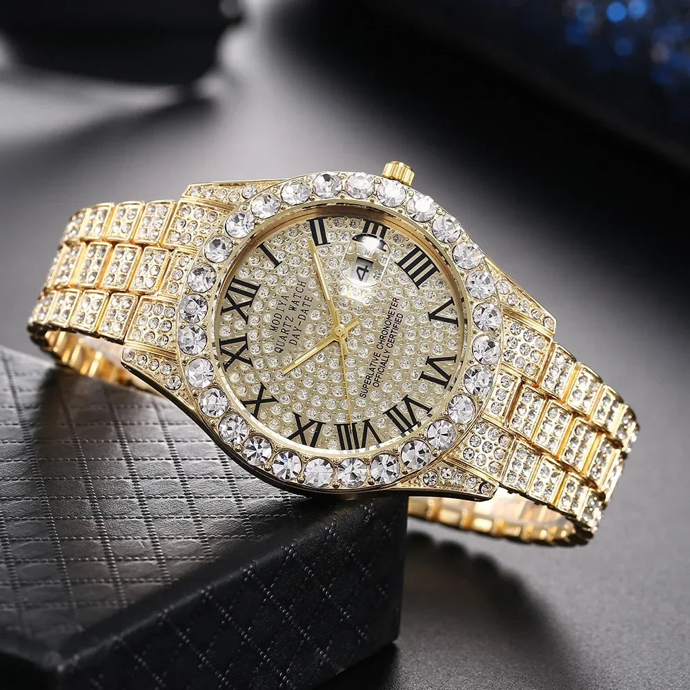 Offre spéciale diamant Bling montre hommes couleur or cadeau de luxe montres à Quartz mâle horloge livraison directe strass calendrier montre-bracelet