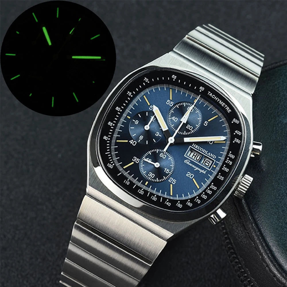 Hruodland nouveau F022 rétro Quartz chronographe hommes montres verre saphir bleu noir acier inoxydable mode robe montre-bracelet