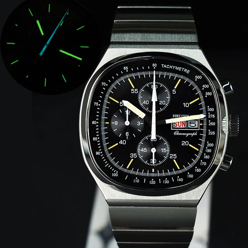 Hruodland nouveau F022 rétro Quartz chronographe hommes montres verre saphir bleu noir acier inoxydable mode robe montre-bracelet