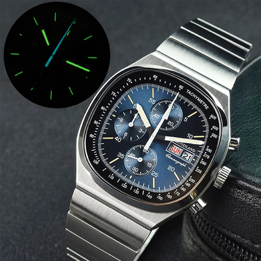 Hruodland nouveau F022 rétro Quartz chronographe hommes montres verre saphir bleu noir acier inoxydable mode robe montre-bracelet