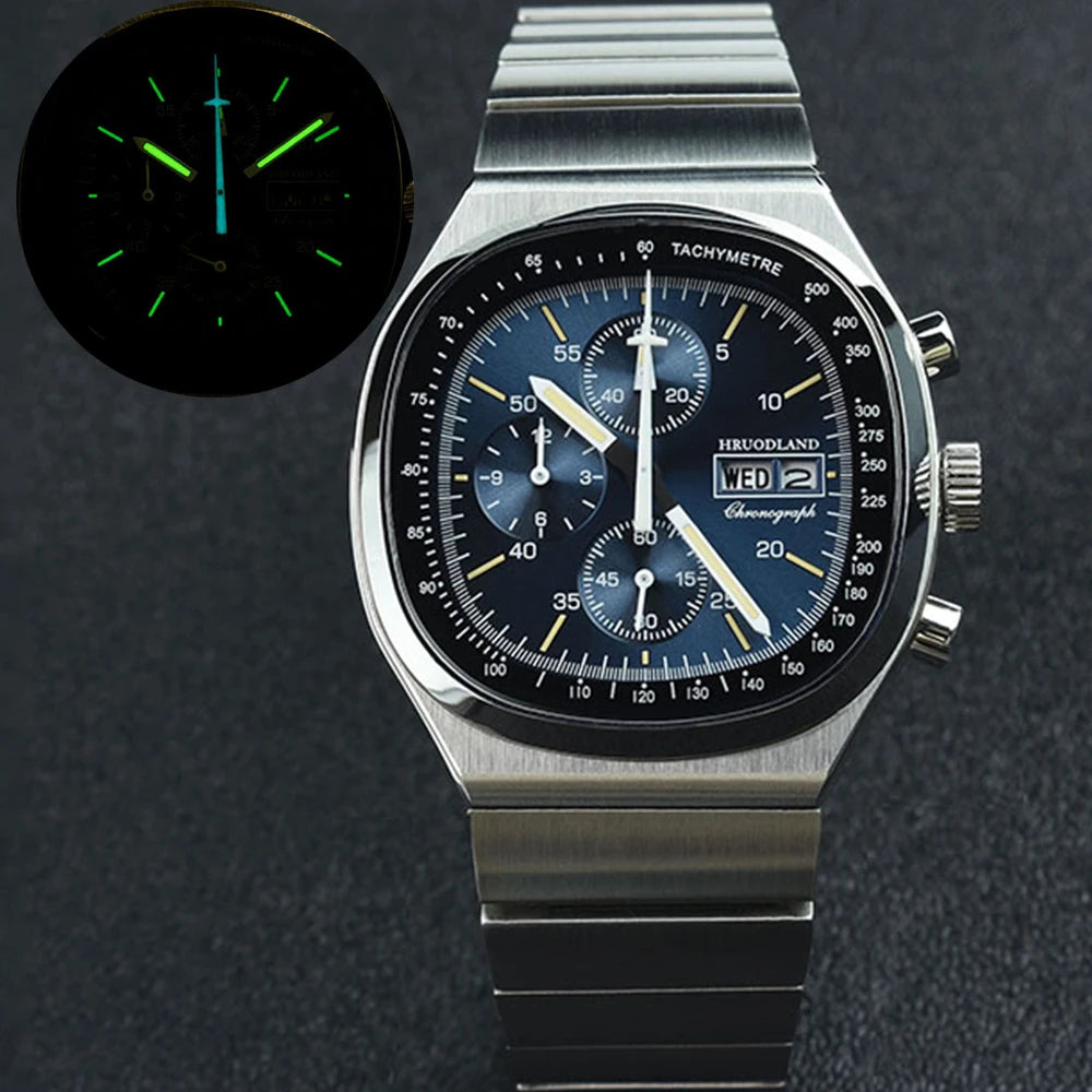 Hruodland nouveau F022 rétro Quartz chronographe hommes montres verre saphir bleu noir acier inoxydable mode robe montre-bracelet