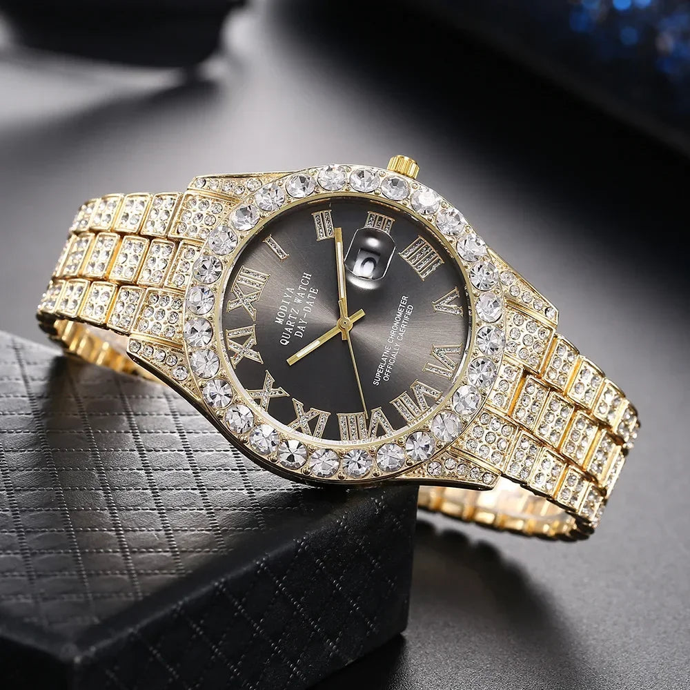 Offre spéciale diamant Bling montre hommes couleur or cadeau de luxe montres à Quartz mâle horloge livraison directe strass calendrier montre-bracelet
