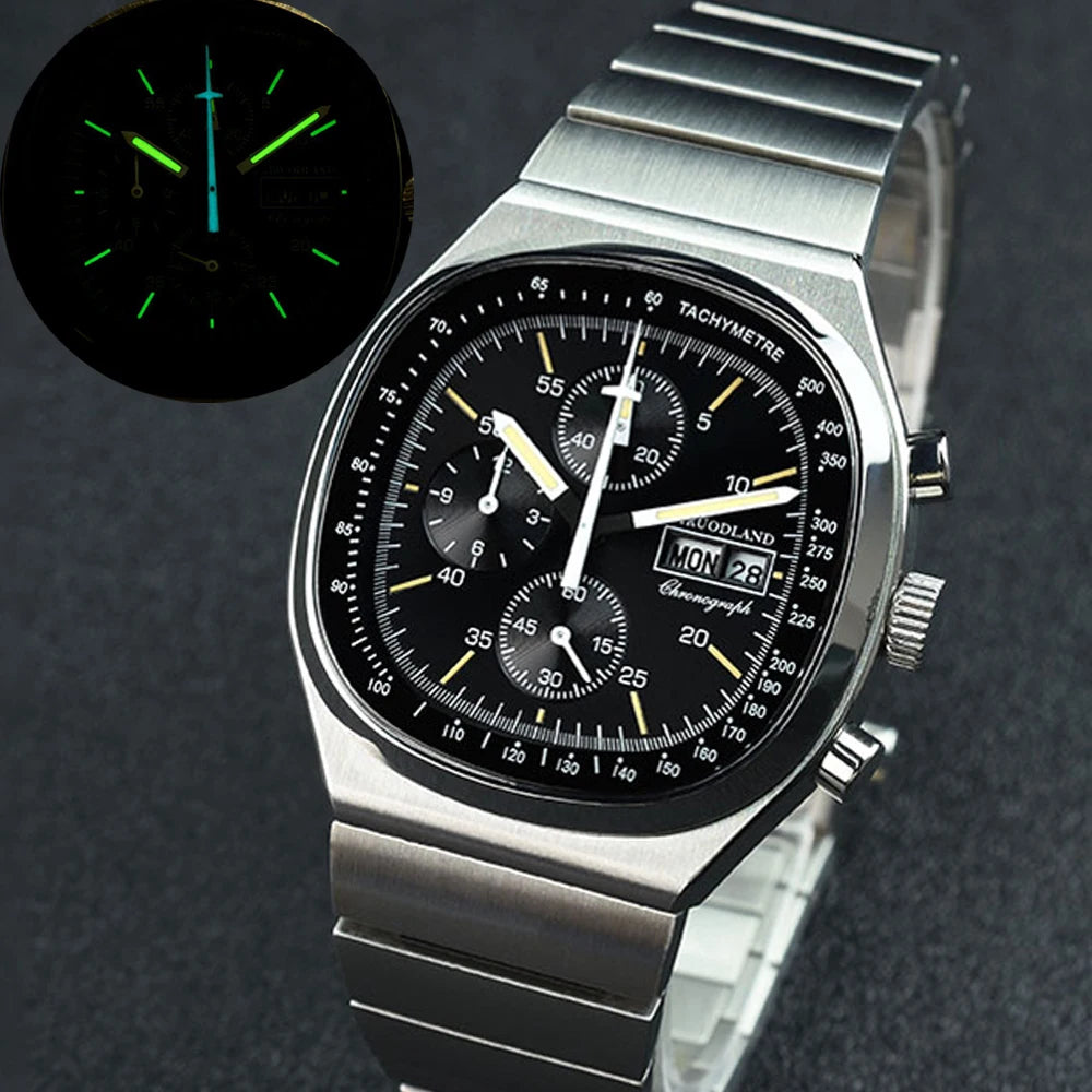 Hruodland nouveau F022 rétro Quartz chronographe hommes montres verre saphir bleu noir acier inoxydable mode robe montre-bracelet