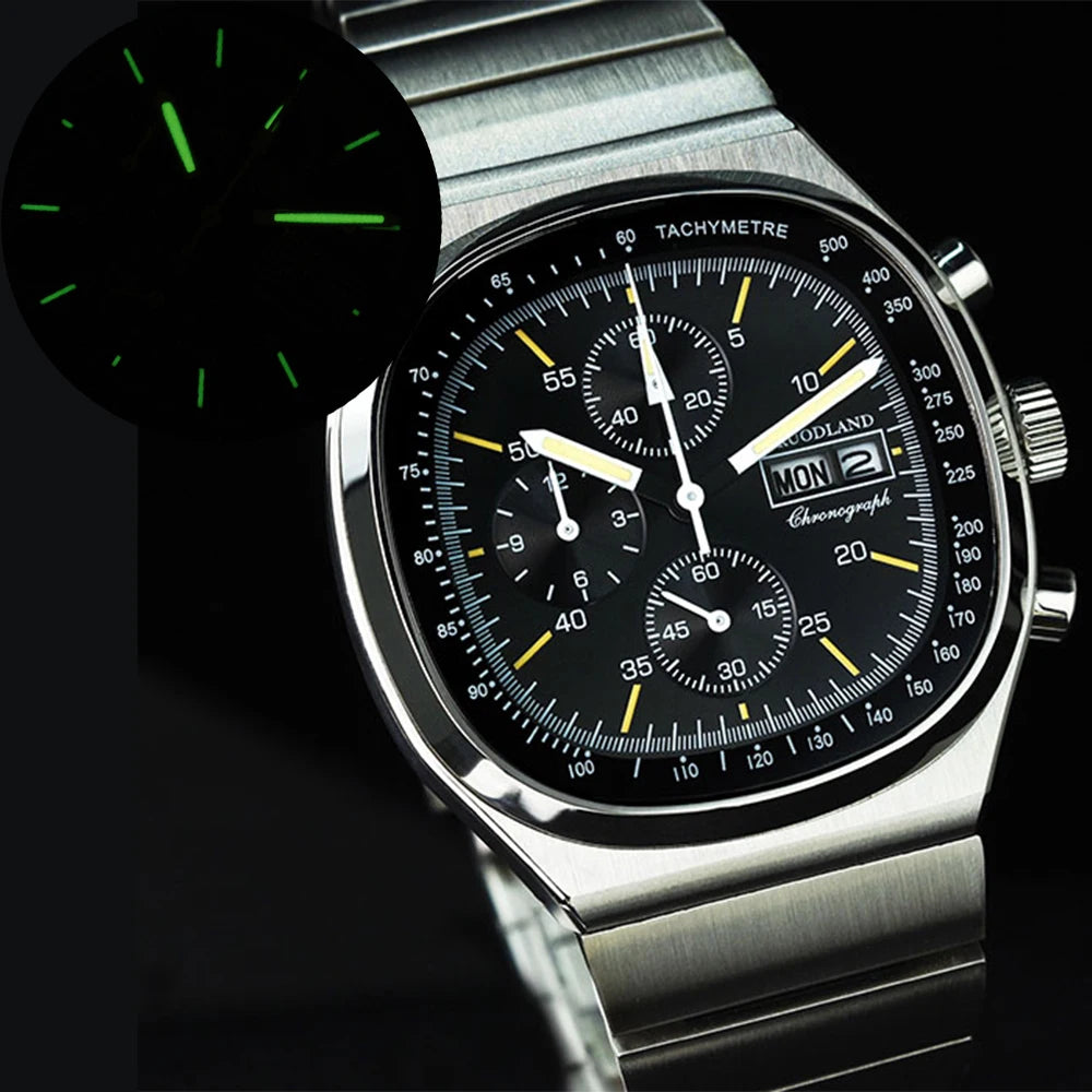 Hruodland nouveau F022 rétro Quartz chronographe hommes montres verre saphir bleu noir acier inoxydable mode robe montre-bracelet