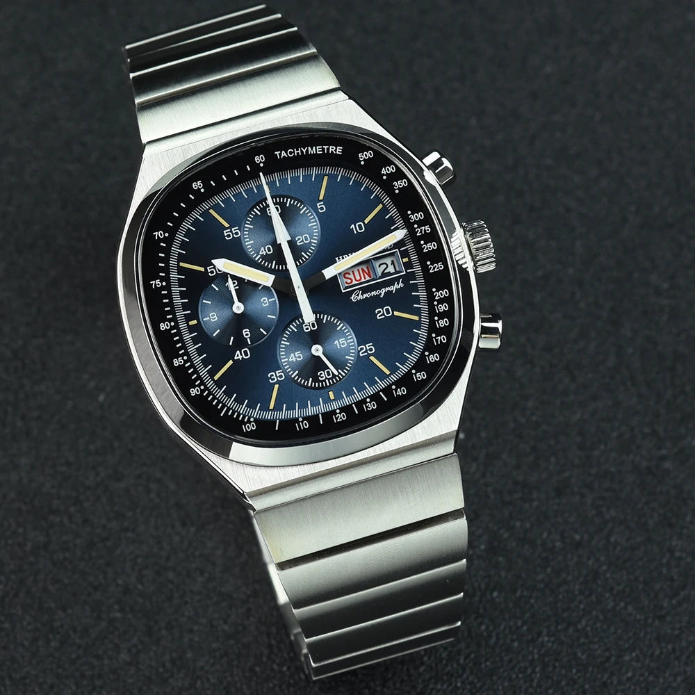 Hruodland nouveau F022 rétro Quartz chronographe hommes montres verre saphir bleu noir acier inoxydable mode robe montre-bracelet