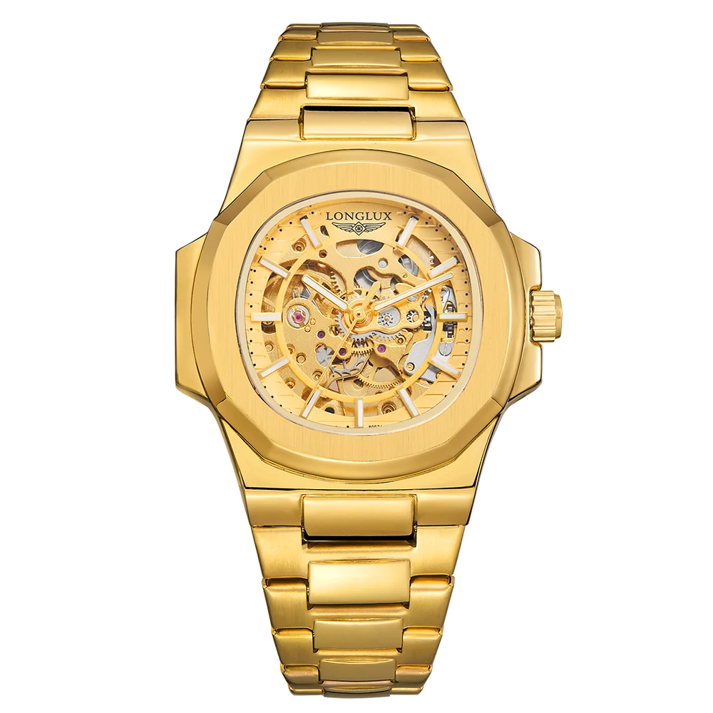 LONGLUX hommes montre mécanique automatique montres de luxe étanche squelette affaires pas cher en gros en acier inoxydable cadeau montre