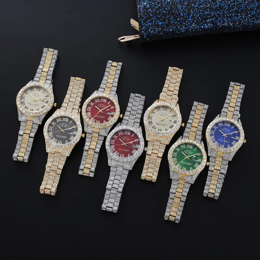 Offre spéciale diamant Bling montre hommes couleur or cadeau de luxe montres à Quartz mâle horloge livraison directe strass calendrier montre-bracelet
