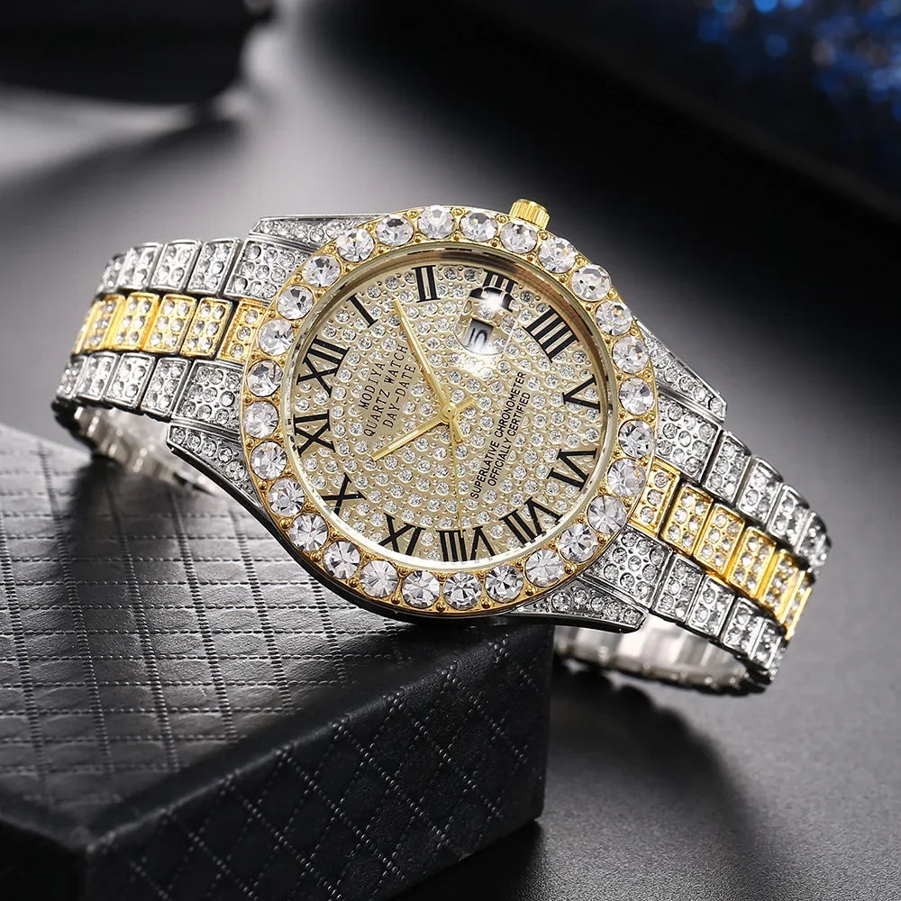 Offre spéciale diamant Bling montre hommes couleur or cadeau de luxe montres à Quartz mâle horloge livraison directe strass calendrier montre-bracelet