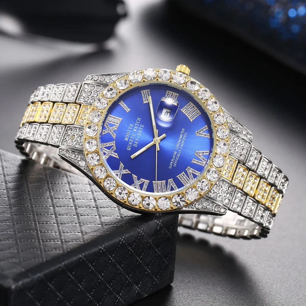 Offre spéciale diamant Bling montre hommes couleur or cadeau de luxe montres à Quartz mâle horloge livraison directe strass calendrier montre-bracelet