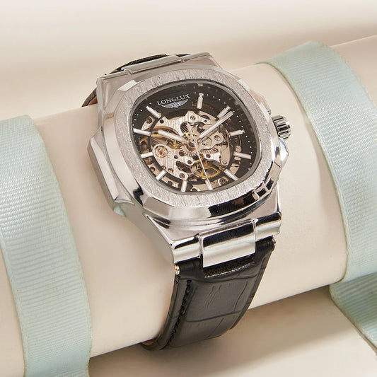 LONGLUX montre mécanique automatique en plein air montres de luxe simples étanche pas cher en gros squelette en cuir montre pour hommes cadeau