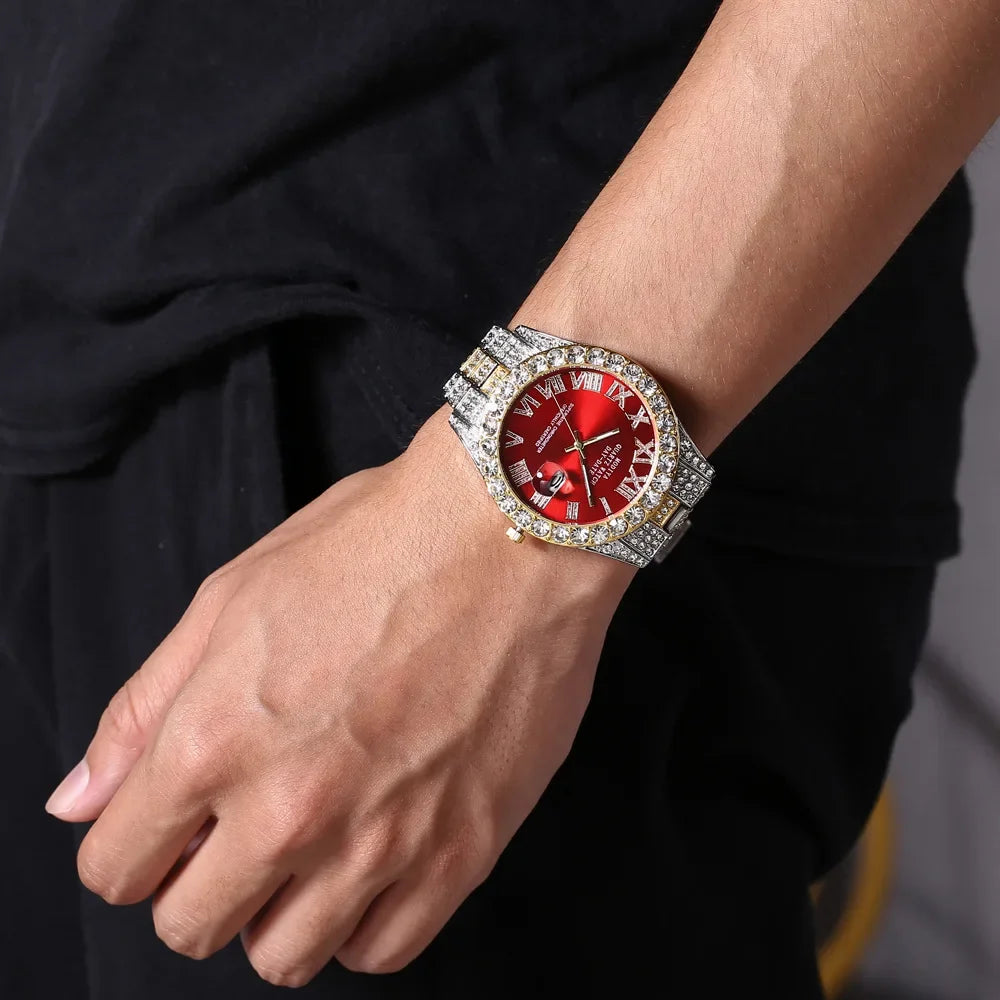 Offre spéciale diamant Bling montre hommes couleur or cadeau de luxe montres à Quartz mâle horloge livraison directe strass calendrier montre-bracelet