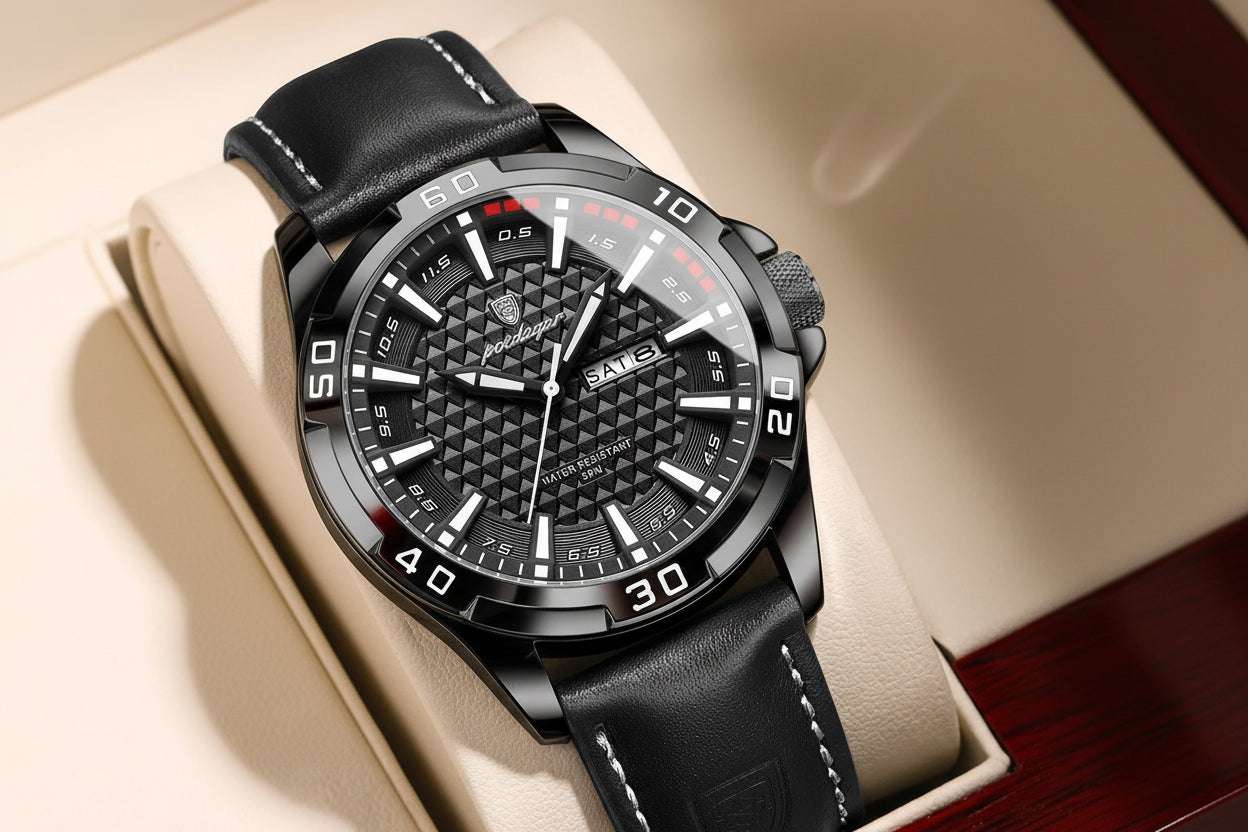POEDAGAR Original homme montre-bracelet haut de gamme étanche lumineux Date semaine montre pour hommes Quartz Sport cuir hommes montres Reloj