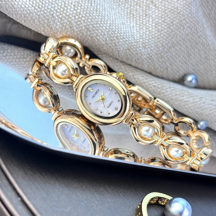 Nouvelle mode de luxe Imitation perle français romantique ovale forme dames Bracelet montre haute esthétique montre à Quartz