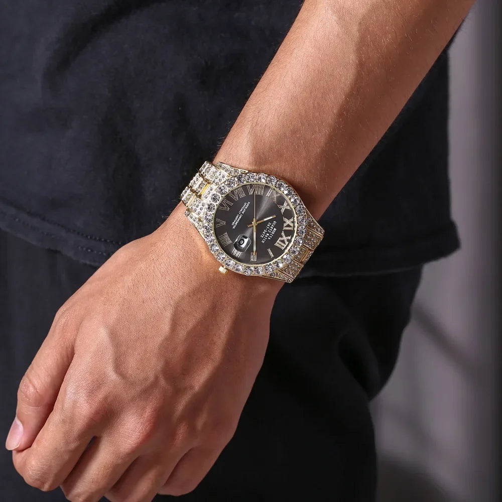Offre spéciale diamant Bling montre hommes couleur or cadeau de luxe montres à Quartz mâle horloge livraison directe strass calendrier montre-bracelet