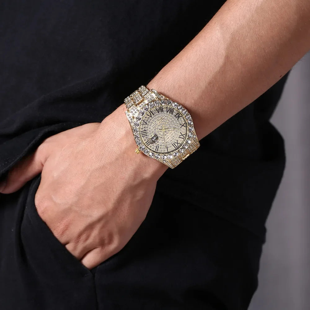 Offre spéciale diamant Bling montre hommes couleur or cadeau de luxe montres à Quartz mâle horloge livraison directe strass calendrier montre-bracelet