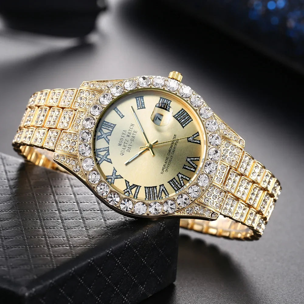 Offre spéciale diamant Bling montre hommes couleur or cadeau de luxe montres à Quartz mâle horloge livraison directe strass calendrier montre-bracelet